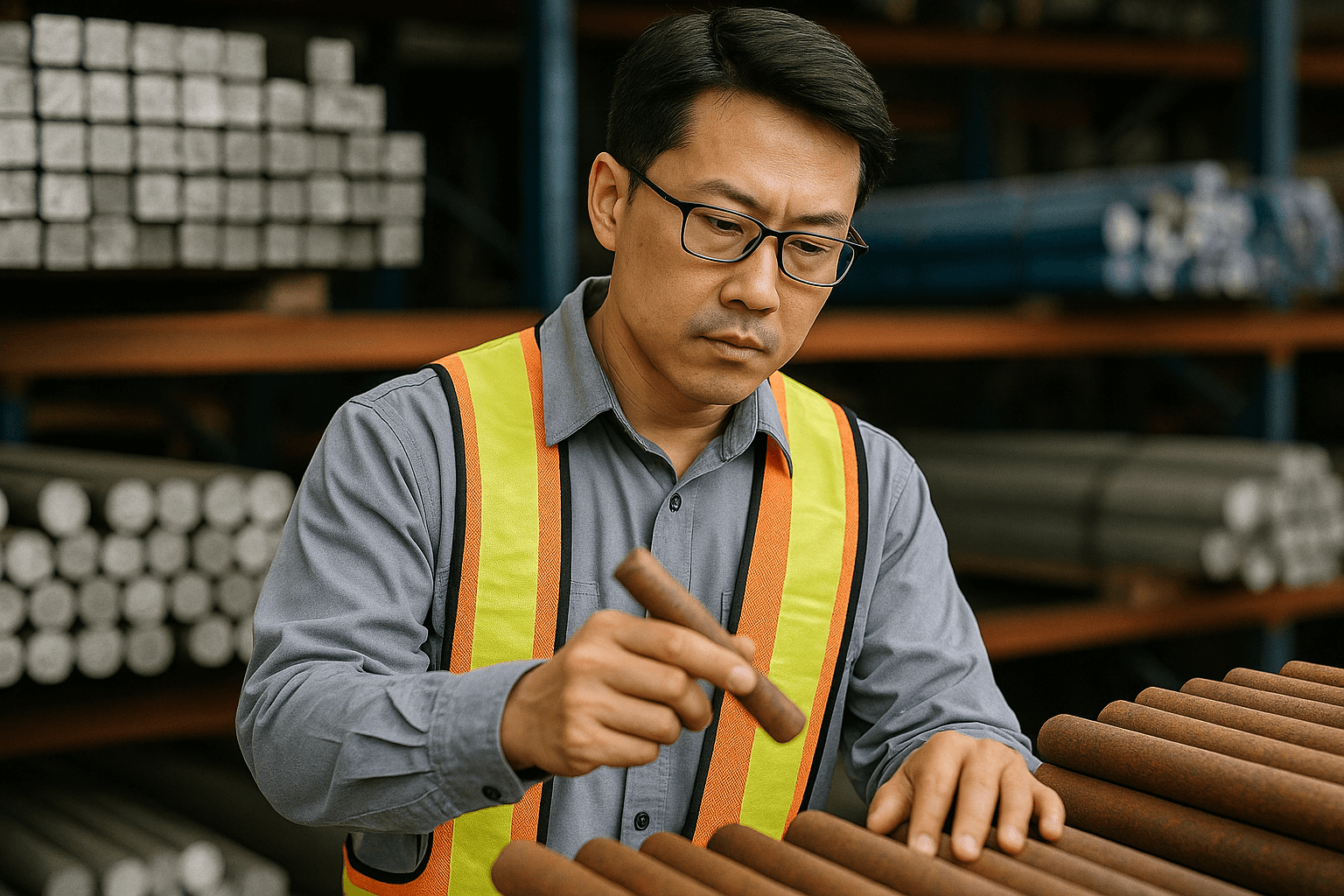 Metal buyer inspecting compressed scrap bundles